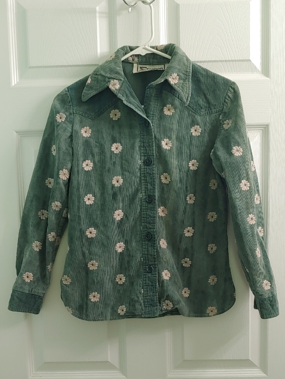 Vintage Floral Embroidered Button Front Shirt Teal Corduroy Women Emanon Size XS - Picture 1 of 8